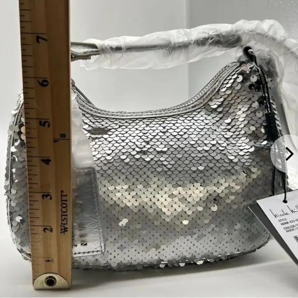 NWT Nicole Miller Silver Sequin Vegan Leather Small HOBO Shoulder Purse Handbag
